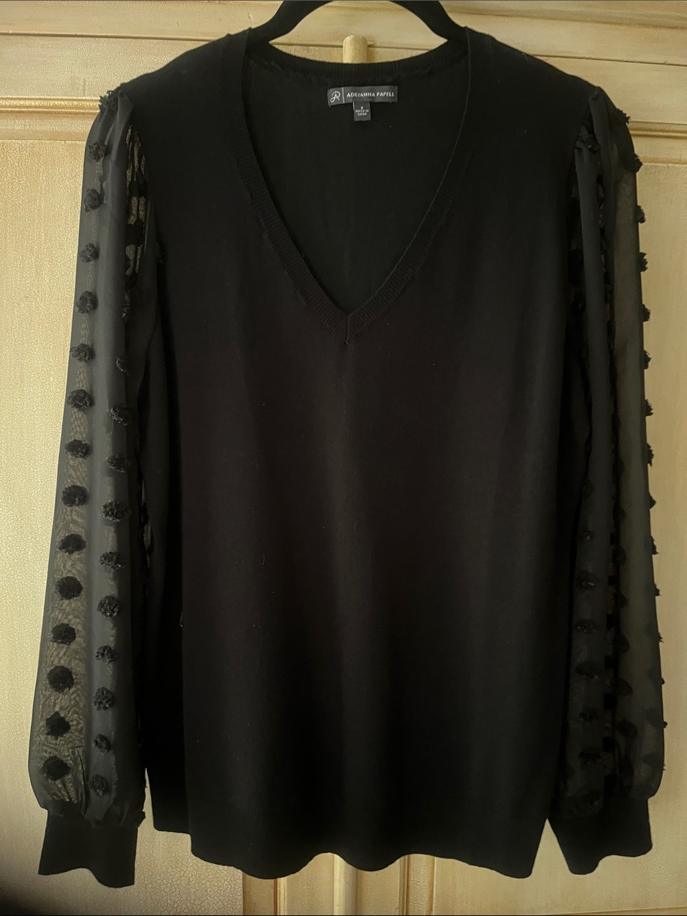 Adrianna Papell Black V-Neck Sweater with Sheer Pom-Pom Dot Sleeves-size S